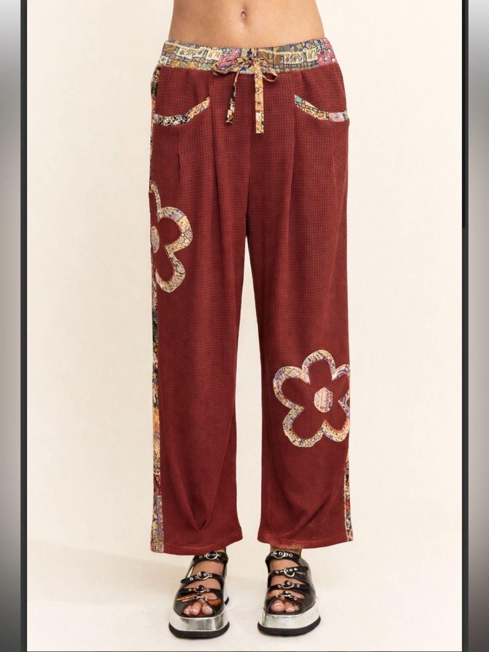 250 DAVI & DANI DRAWSTRING ELASTIC WAIST KNIT TEXTURE FLORAL PANTS